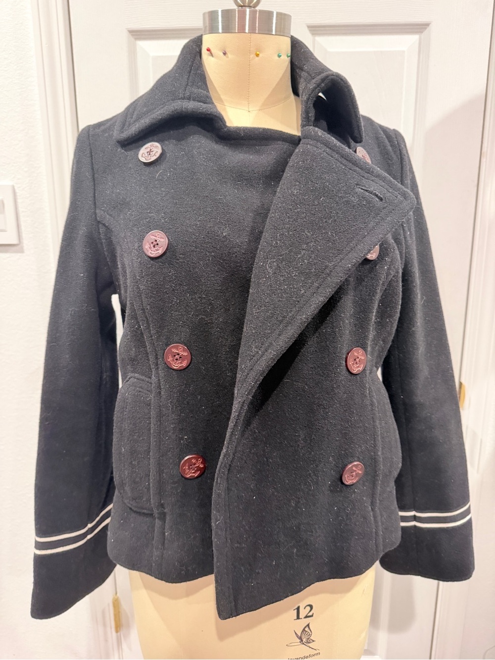 Nautica Black Double-Breasted Sailor Style Peacoat with White Sleeve Trim - M